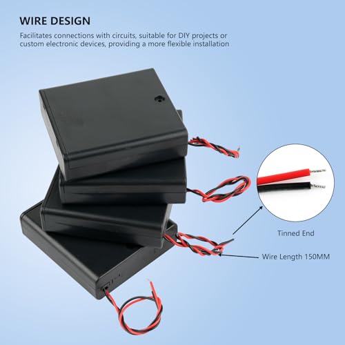 4pcs 4 Cell AA Battery Holder with ON/Off Switch 6V Plastic Battery Case Holder Case with Cover 4 Slots 1.5V AA Battery Storage Box with Wire Leads
