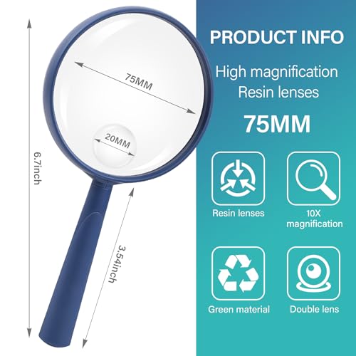 Feosky Handheld Reading Magnifier, 10X Magnifier, 75mm Shatterproof Lens, Adults Close Work Non-Slip Handle for Seniors Reading and Nature Exploration(Navy Blue) - color: Navy Blue, size: 75mm