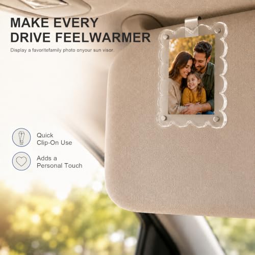 2 PCS Scalloped Car Photo Holder, 3.5" x 2.4" Acrylic Auto Sun Visor Picture Frame with Clip, Magnetic Personalized Sunvisor Photo Clip Picture Display Holder for Most Vehicles - color: Scalloped