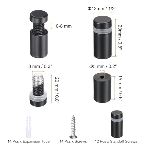 uxcell 12 Pcs 1/2" x 4/5" Standoff Screws Stainless Steel Wall Mount Sign Mounting Hardware Kit with 14pcs Screws for Hanging Acrylic Glass Signs Advertising Boards, Black - color: Black, size: 1/2" x 4/5"