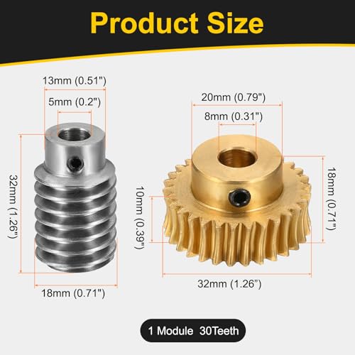 uxcell Worm Gear Set Right Rotation 30T 1 Module 30:1 Reduction Rate - size: Gear-8mm, Worm-5mm Bore, style: 1M-30T
