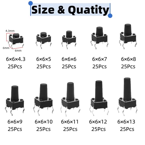 250PCS 10 Values 6x6mm Tactile Push Button Switch Assortment Kit 4 Pins Micro Momentary Tact Pushbutton Switches Set - style: 250 PCS 10 Values