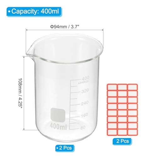 PATIKIL 400ml Glass Beaker, 2 Pack Measuring Glass Beaker Graduated Borosilicate Lab Cups Mug Low Form Heat Safe Transparent with Spout Label for Laboratory Science Kitchen Liquids - size: 400ml