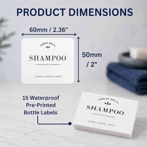 Waterproof Bottle Labels - 15 Polypropylene Stickers, 2" x 2.4" (50 x 60mm), Black on White for Household Bottles, Pre Printed