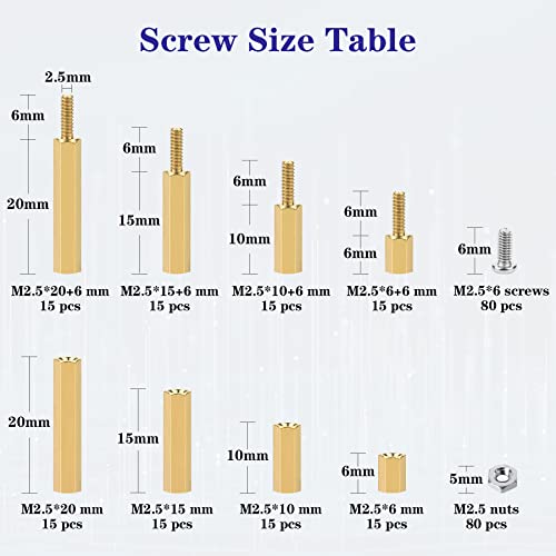280Pcs M2.5 Motherboard Standoffs&Screws&Nuts Kit, Hex Male-Female Brass Spacer Standoffs, Laptop Screws for DIY Computer Build, Electronic Projects, Raspberry Pi, Circuit Board etc. - size: M2.5