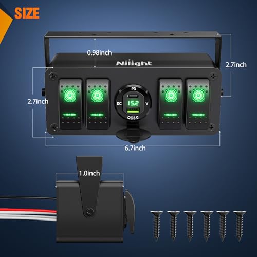 Nilight 4 Gang Rocker Switch Box 12V SPST ON Off Toggle Switches PD Type C and QC 3.0 USB Charger Voltmeter LED Light Waterproof Aluminum Mount Bracket Panel DIY Stickers for Boat Car RV Truck - color: Green+Box, size: 4+1 Gang Type C +USB