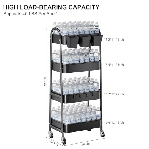 Black 4 Tier Rolling Cart Metal with Lockable Wheels,Four Tiered Dorm Carts - color: Matte Black, size: 4 tier