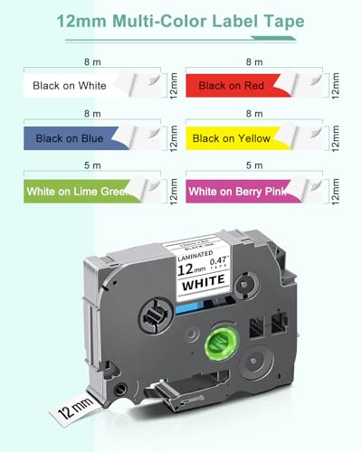 6-Pack Tze 12mm 0.47" Multi-Color Compatible for Brother 12mm Label Tape - color: Black on White/Red/Blue/Yellow/White on Berry Pink/Lime Green, size: 0.47 inch (12mm)