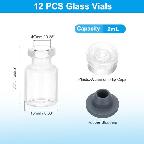 PATIKIL 12pcs 2ml Clear Borosilicate Glass Sample Vials with Aluminum Plastic Cap and Rubber Stopper for Lab Solid Liquid Powder Storage, Matt Silver Tone - color: Clear/Matt Silver Tone, size: 2ml