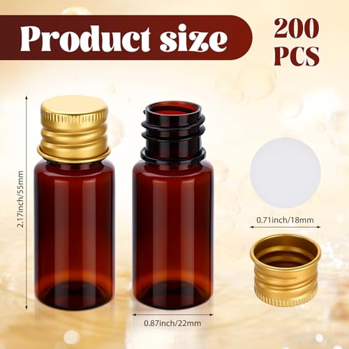 200 Pcs 10ml Mini Plastic Bottles Vials Tiny Jar with Aluminum Screw Lid Cap Clear Plastic Sample Container with Sealed Top Metal Lid for Cosmetic Essential Oil Specimen (Gold and Amber) - color: Gold and Amber