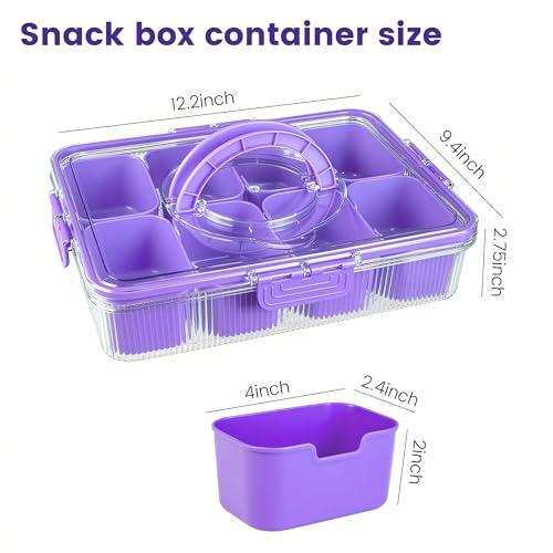 Patent Design Ribbed Snackle Box Container Divided Serving Tray with Lid and Handle -Charcuterie Container Portable Storage Organizer for Candy, Fruit, Beach, Picnics(1 pcs, Purple - color: Purple