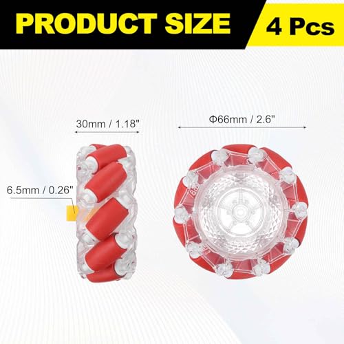 MECCANIXITY 2Set Mecanum Wheels Set with Hexagonal Universal Pins and Screws, 66mm / 2.6" ABS Rubber Omnidirectional Wheels for Smart Robot Car Parts DIY Models Accessories, Red