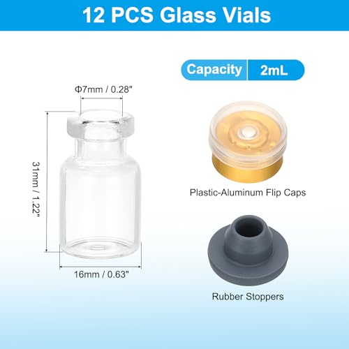 PATIKIL 12pcs 2ml Clear Borosilicate Glass Sample Vials with Aluminum Plastic Cap and Rubber Stopper for Lab Solid Liquid Powder Storage, Gold Plating - color: Clear/Gold Plating, size: 2ml