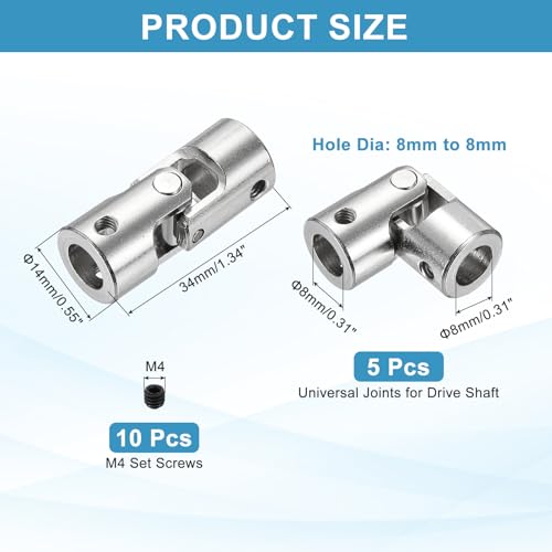 MECCANIXITY 5pcs Universal Joint Shaft Coupling, 8mm to 8mm Inner Dia Rotatable Steering Shaft U Joints Coupler with Screws for RC Car, Robot, Boat Drive Ship Motor Use - size: 8mm to 8mm