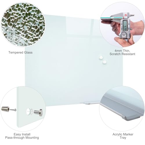 Magnetic Glass Whiteboard, 36" x 24" Frameless Dry Erase Board for Wall - color: White, size: 36"W x 24"H