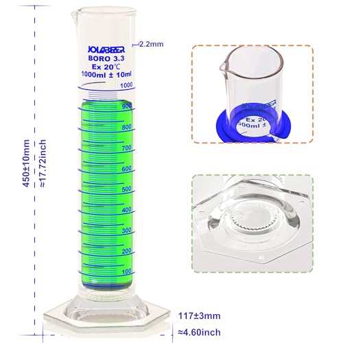 JOLABEAR 1000 mL Glass Graduated Cylinder, Anti-Tip Ring, 3.3 Borosilicate - size: 1000ml-1pcs