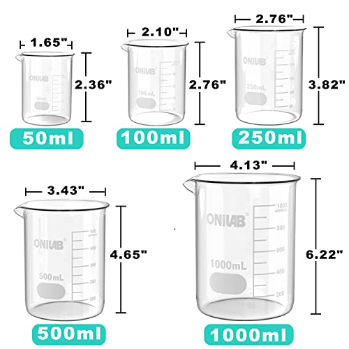 ONiLAB Glass Measuring Beaker Set 50ml 100ml 250ml 500ml 1000ml(Pack of 5) - style: 50/100/250/500/1000ml