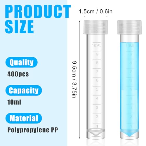 Kanayu 400 Pcs 10ml Plastic Test Tubes with Lids and Silicone Ring