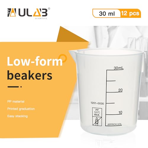ULAB Scientific Stackable Graduated Plastic Beakers, 12pcs of Vol.30ml(1.01oz), with Easy-to-Read Printings in Black, UBP1020