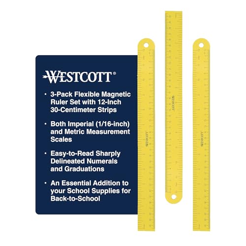 Westcott 12 inch Magnetic Flexible Rulers (3 Pack), Yellow, for School, Office, Crafts and DIY, Measuring Tools for Students and Adults - size: Set of 3