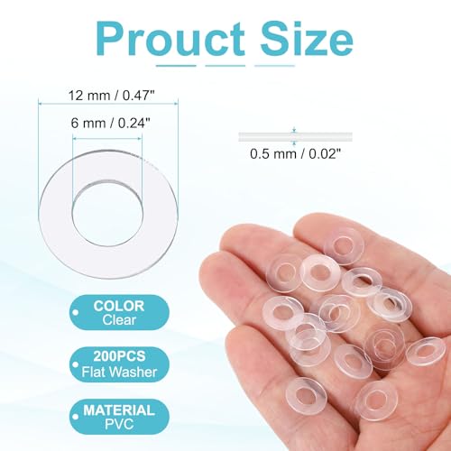 PATIKIL Flat Washer, 200 Pcs PVC Plastic Washers Round Sealing Spacer Gasket 6mm ID 12mm OD 0.5mm Thickness for Shower Door Handles Towel Bars Grommets Hardware Replacement, Clear - size: 6mm ID x 12mm OD x 0.5mm Thickness