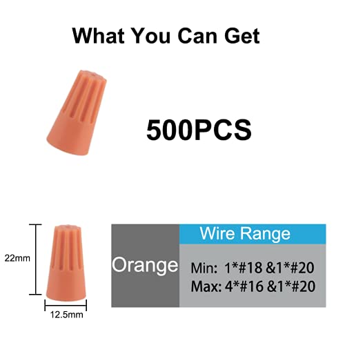 Wire Conectors Nuts,Wire Twist 500 PCS Orange Electrical Screw Springs Caps Terminals Stainless Assortment Set Wire Connectors AWG 20-12 - color: Orange