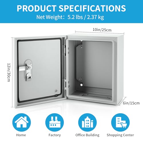 Steel Electrical Enclosure, 12 x 10 x 6'' Outdoor Wall-Mounted Weatherproof Box, Lockable Lid & Integrated Mounting Plate for Industrial/Commercial Electrical Installations - size: 12" x 10" x 6"