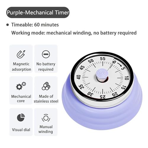 Elegant Stainless Steel Vintage Kitchen Timer with Magnetic Attachment - 60-Minute Countdown & Audible Alarm, Perfect for Cooking, Office Tasks, and Study Sessions (01-Purple) - color: 01-purple