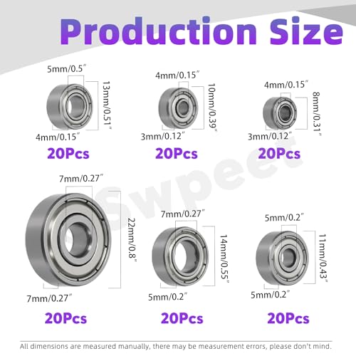 Swpeet 120Pcs 6 Sizes 693ZZ, 623ZZ, 624ZZ, 685ZZ, 687ZZ,627ZZ Ball Bearings Assortment Kit, Carbon Steel Deep Groove Bearings, Double Shielded - size: Assortment Kit-120PCS, style: Carbon Steel