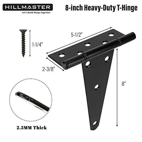 HILLMASTER 8 Inch T-Strap Heavy Duty Shed Door Hinges Gate Strap Hinges Black Tee Hinge Wrought Hardware for Wooden Fences,Yard,Barn Door,Rustproof (2 Pack) - size: 8in 2Pack