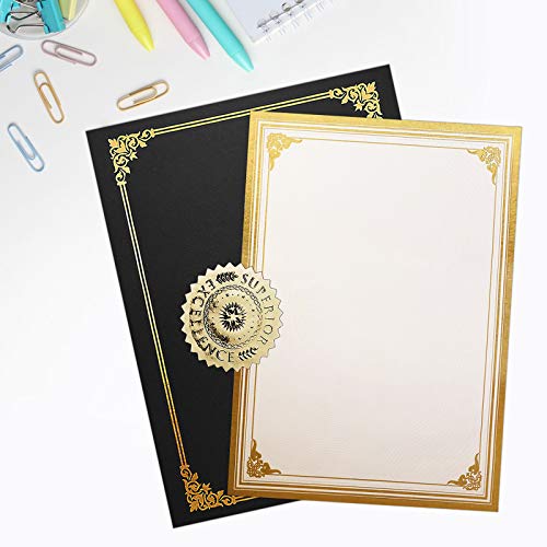 SUNEE 75pcs Certificate Kit, Includes 25pcs Black Certificate Holders & 25pcs Letter Size Certificate Papers & 25pcs Gold Foil Award Seals, for Diploma, Award, Accomplishment - color: Black