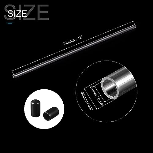 PATIKIL Clear Rigid Tube Round Plastic Tubing with Black Rubber Caps Polycarbonate Water Pipe, 305mm/ 12 Inch Length, 4mmx5mm/0.16"x0.2", 2 Set - color: Black,Clear, size: 0.16"x0.2"
