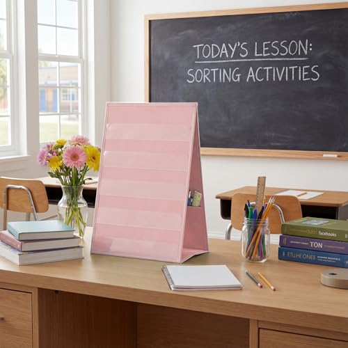 Tabletop Pocket Chart 13 x 17 Inch 600d Oxford Fabric Double Sided Pocket Chart Stand with 5 Straps Foldable Organizer Sticker Display Stand for Classroom, Home, Office (Pink) - color: Pink