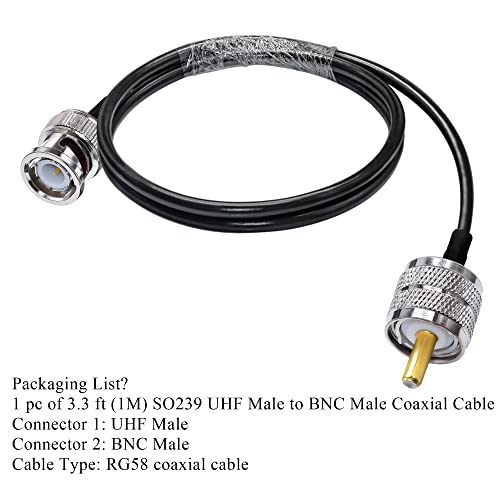TUOLNK BNC to UHF Jumper - RG58 Coaxial Cable, 3.3ft (1M), Low Loss, PL259 & SO239 Male Connectors for CB Radio, PL259 to BNC Pigtail - size: 3.3ft