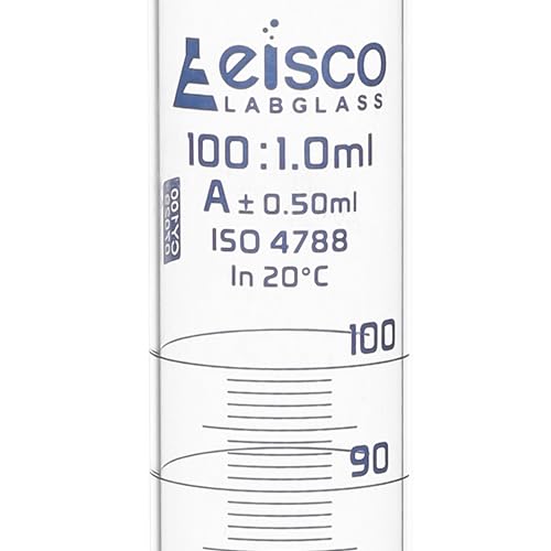 Graduated Cylinder, 100ml - Class A Tolerance ±0.50ml - Hexagonal Base - Blue Graduations - Borosilicate 3.3 Glass - Eisco Labs - size: 100mL