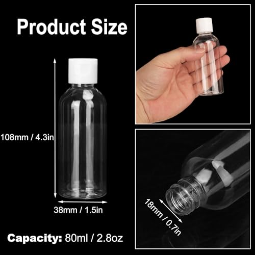 80 Pack 2.8 oz Clear Plastic Bottles with White Flip Caps, Travel-Friendly, BPA-Free Cosmetic Bottles - size: 80 Pack 2.8 oz
