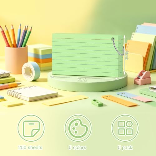 250 Count Colored Index Cards 3x5 Inch Flash Cards Note Cards with Ring - color: Multicolor-5-250 Count, size: 3x5