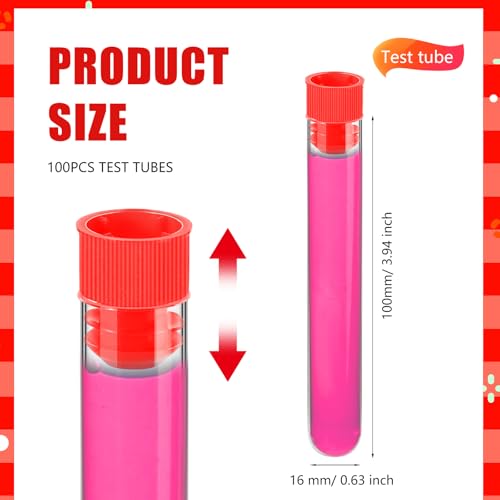 Relaxweex 100 Pcs Clear Plastic Test Tubes 16x100mm Lab Vials Caps,Red - color: Red