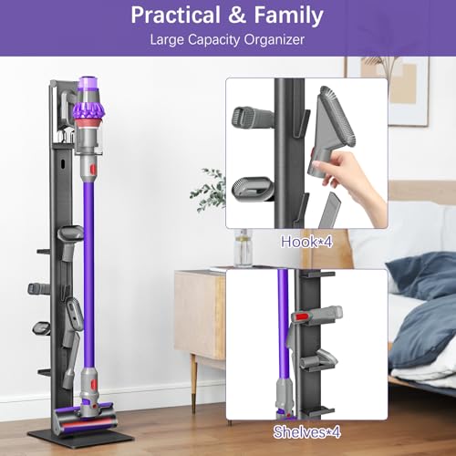 XIGOO Dyson Vacuum Stand with 4 Hooks 4 Shelves, Black - color: Black, size: 4 Hooks