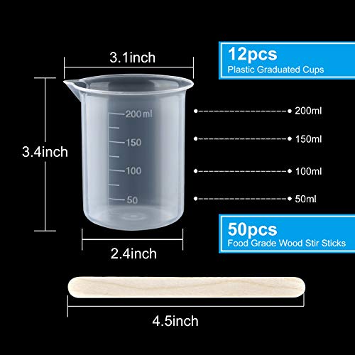 Coopay 12 Pack 200ml/6.8oz Plastic Beakers Epoxy Mixing Cups, Plastic Graduated Cups Clear Multipurpose Measuring Cups with 50 Pack Wooden Stirring Sticks for Resin, Epoxy, Stain, Mixing Paint - size: 200ml