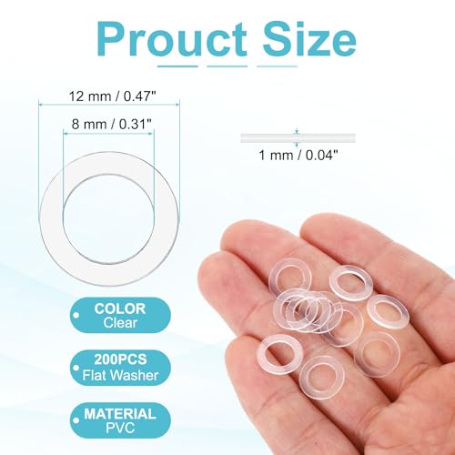 PATIKIL Flat Washer, 200 Pcs PVC Plastic Washers Round Sealing Spacer Gasket 8mm ID 12mm OD 1mm Thickness for Shower Door Handles Towel Bars Grommets Hardware Replacement, Clear - size: 8mm ID x 12mm OD x 1mm Thickness