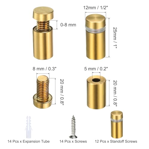 uxcell 12 Pcs 1/2" x 1" Standoff Screws Stainless Steel Wall Mount Sign Mounting Hardware Kit with 14pcs Screws for Hanging Acrylic Glass Signs Advertising Boards, Brushed Gold - color: Brushed Gold, size: 1/2" x 1"