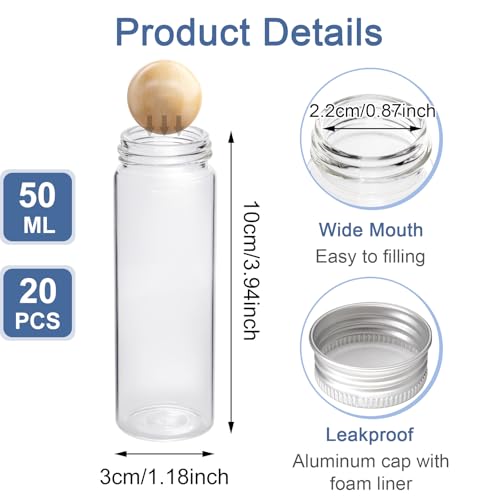 20 Pcs 50ml Glass Test Tubes with Lids, Clear Reusable Test Tube Mini Glass Bottle with Screw Cap, Flat Bottomed Storage Bottle Sample Containers for Flowers Bath Salt Party Wedding Favour - size: 50ml