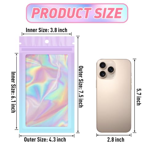 100 Pack Mylar Holographic Bags,Clear Window Foil Bag Seal Pouch Resealable Baggie with Zipper,Packaging Bag for Food Storage,Lash,Jewelry,Business Supplies-Purple Blue 4.3x7.5in - color: Purple Blue, size: 4.3x7.5 Inch