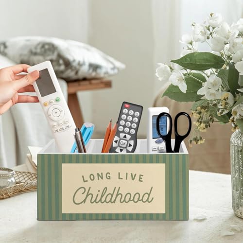 Kid Room Decor Pen Pencil Holder Organizer for Desk Accessories, Long Live Childhood Green Striped Wooden Box Signs Decorations for Classroom Kids Boys Girls Room Bedroom Desk Tabletop - color: Green 01