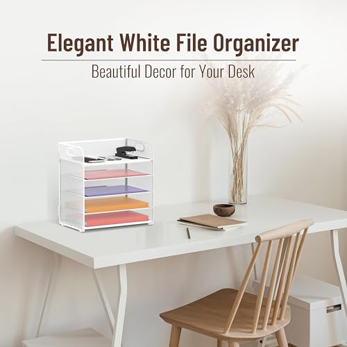 SUPEASY 2 Pack 5-Tier White Desk Organizer with Handle Mesh Desk File/Paper Organizer Letter Tray for Office, School and Home Easy Installation - color: Elegant White