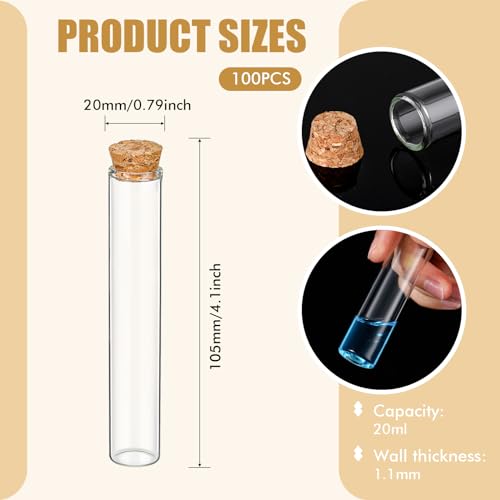 Thyle 100 Pcs Glass Test Tubes with Cork, 20ml Clear 20x105mm Flat Bottom