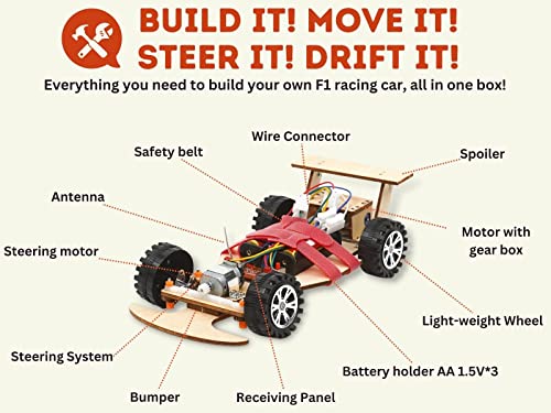 Wooden Wireless Remote Control F1 Racing Car Science Kit to Build (Red), STEM Project for Kids aged8 9 10 11 12 13, Science Building Kit Gift for Boys and Girls - color: Red, size: Single pack