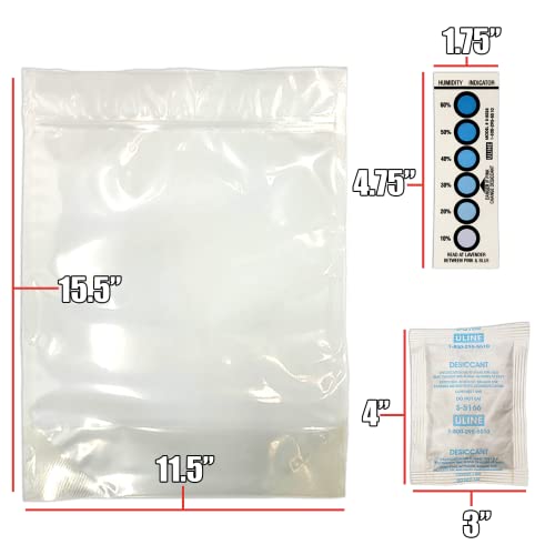 3D Printer Filament Storage Kit (Pack of 5) Includes: 5 Resealable Nylon/LDPE Gusseted Plastic Bags, 5 Large Oversize Rechargeable Clay Desiccant Drying Packs, 5 Humidity Indicator Cards