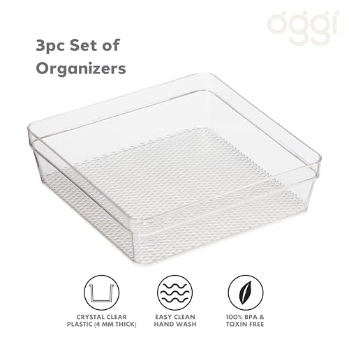 Oggi Set of 3 Clear Drawer Organizers - (1) 6x6.25, (1) 6.25x9.25, (1) 6.25x15.75 - Ideal for Organizing Kitchen Drawers, Office, Desk, Silverware, Kitchen Utensils, Cosmetics and Bathrooms - size: Set of 3